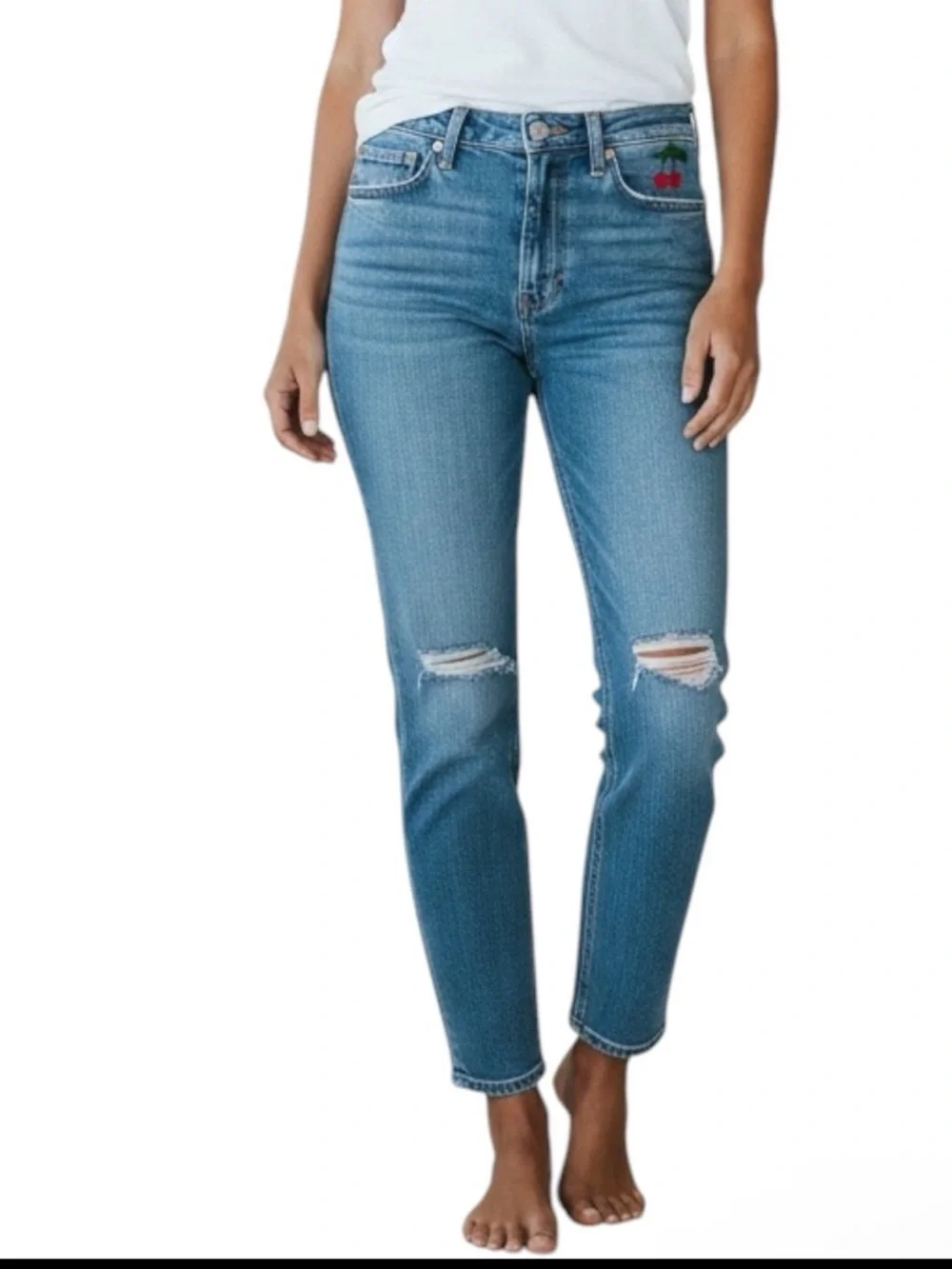 LEVI'S 501 High-Rise Distressed Straight-Leg Jeans Size 10 -- EMBROIDERED CHERRY